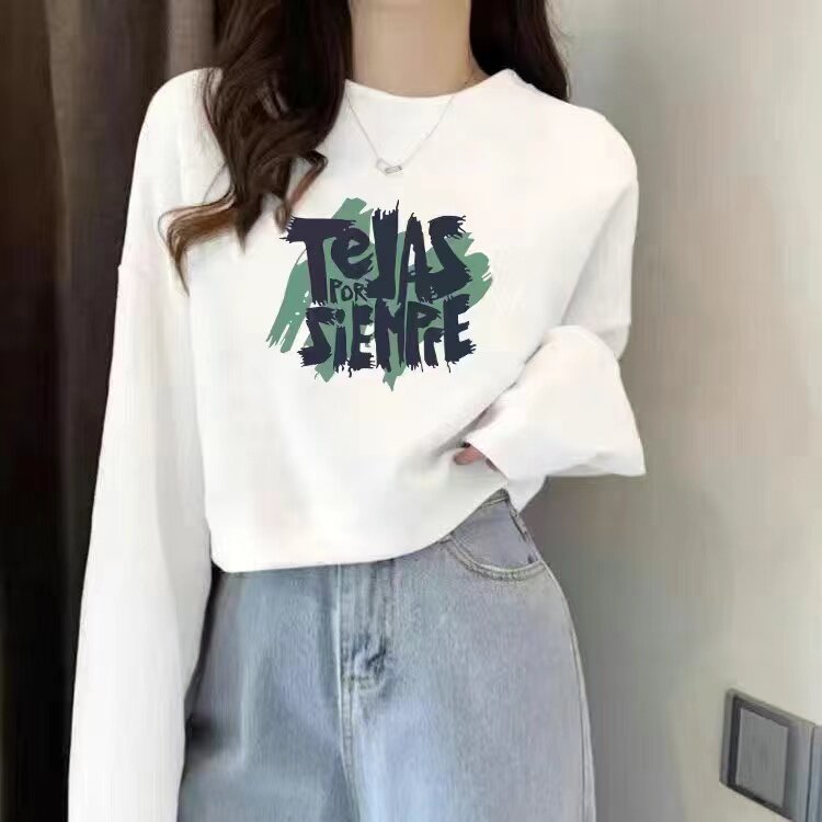 毛圈纯棉白色印花卫衣女新款洋气小众宽松薄款圆领套头长袖上衣