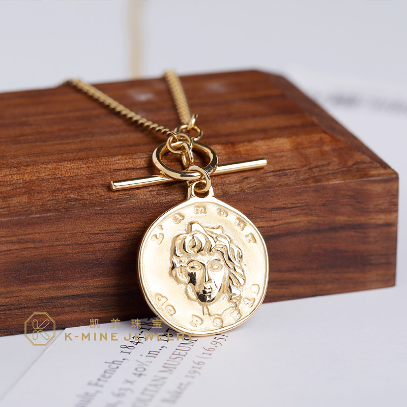 18K金币项链古法金币美杜莎女王双面雕刻吊坠颈链 宋慧乔同款项链