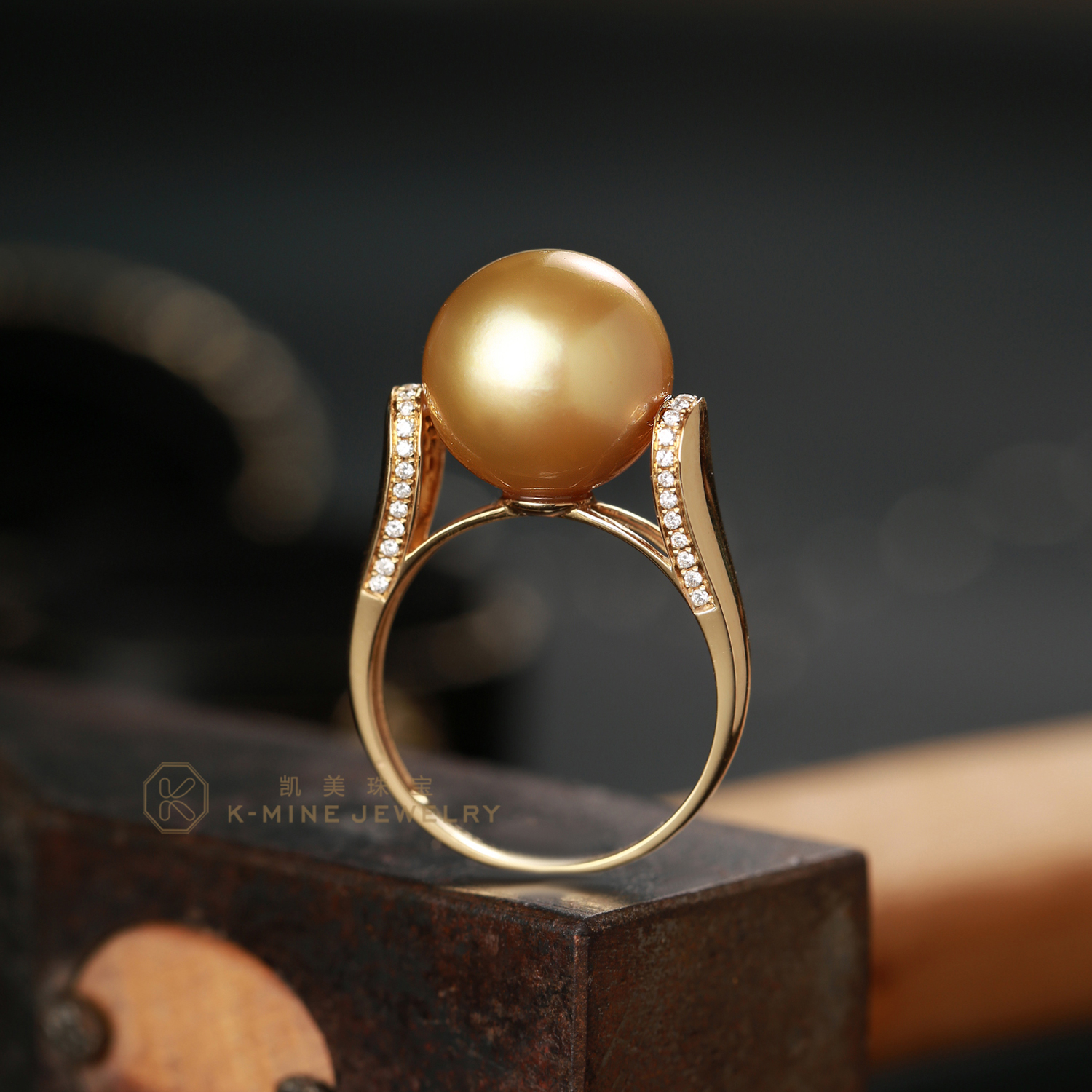 凯美珠宝18K金大颗粒天然南洋金珠钻石戒指女富贵华丽附证可定制