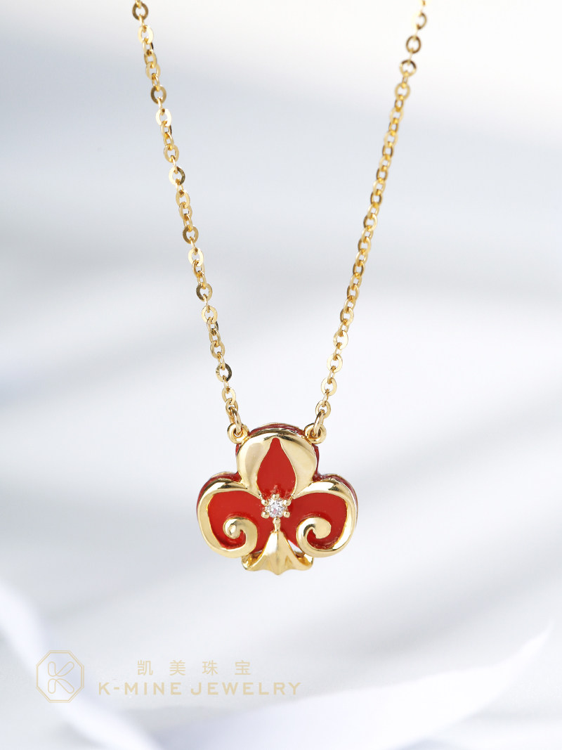 凯美珠宝18K金红玉髓项链梅花镶嵌钻石花朵吊坠锁骨链原创设计款