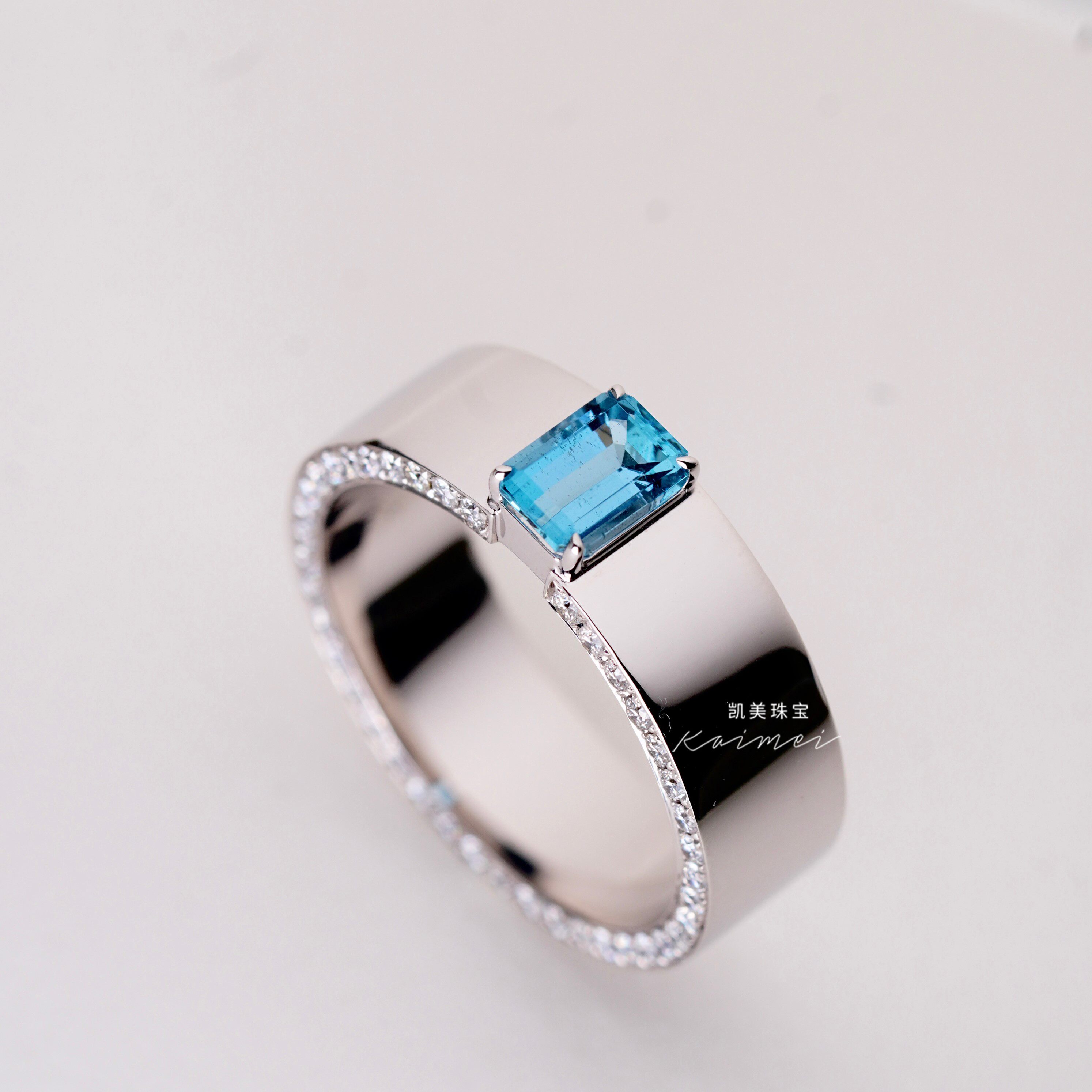 1克拉超级圣玛丽亚海蓝宝guild证书质感男戒大气boss感可定制