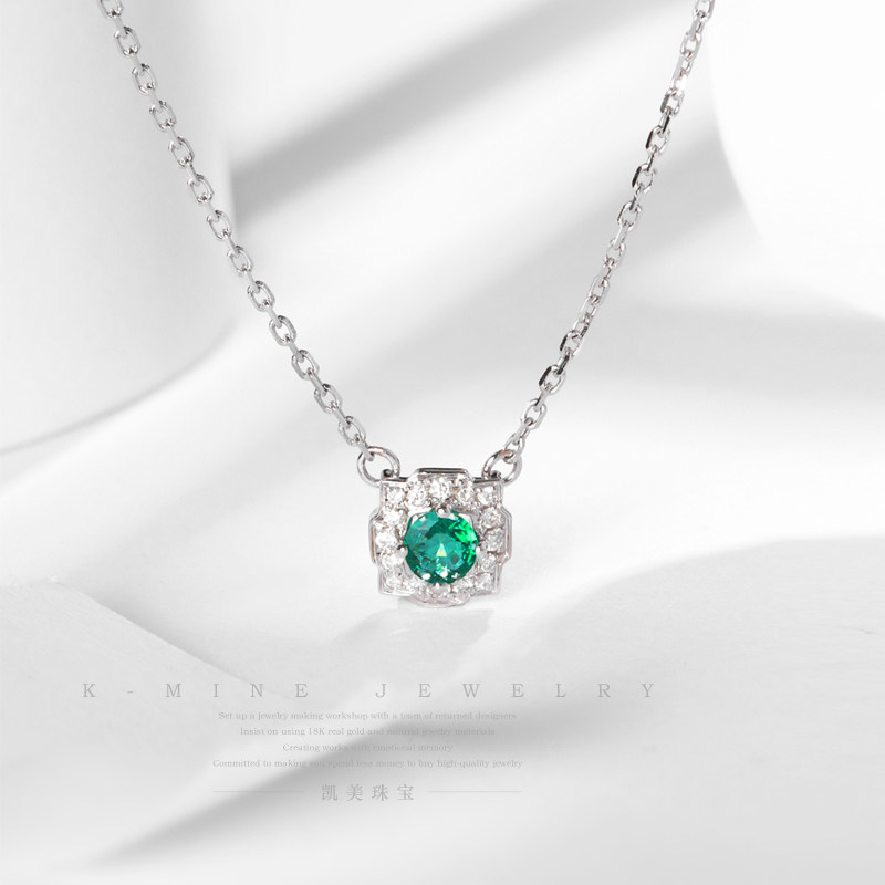 凯美珠宝天然祖母绿项链女18K白金镶嵌彩宝钻石吊坠锁骨链女定制