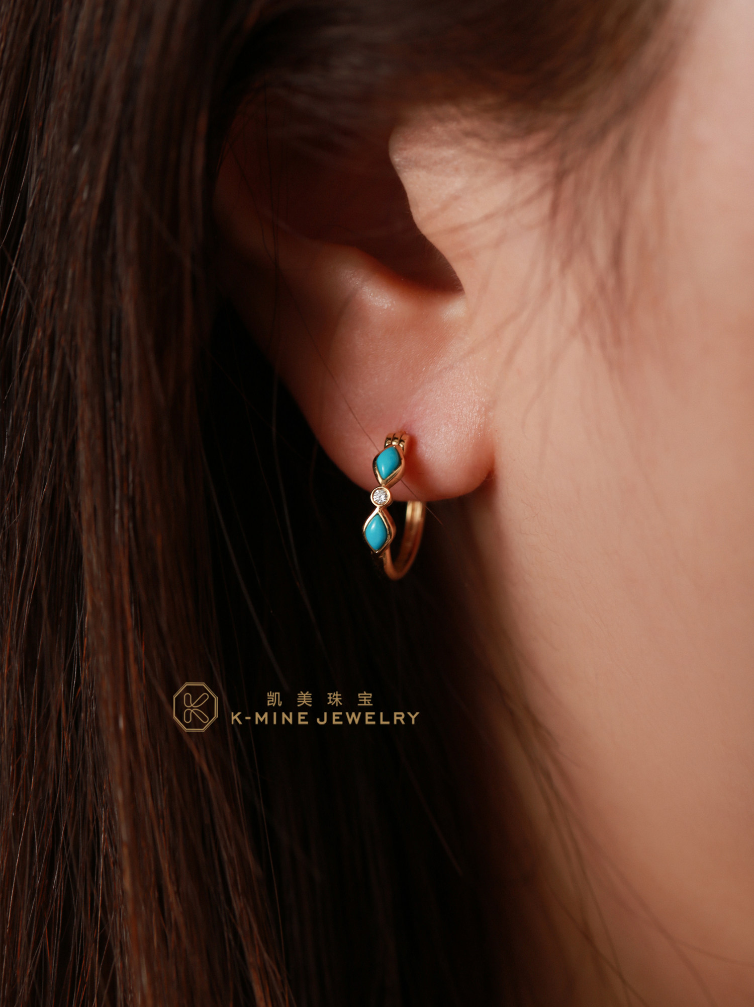 凯美珠宝18K金绿松石钻石耳环波西米亚风耳钉时尚小巧精致可定制