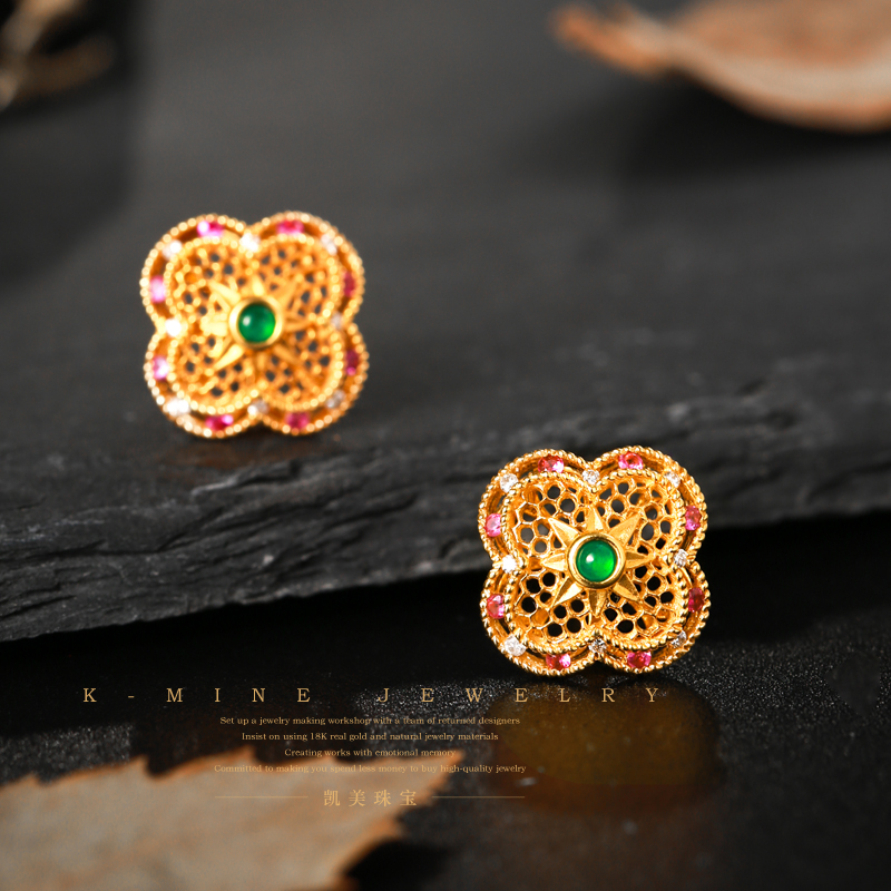 凯美珠宝18k金祖母绿红宝石钻石耳饰古典风格耳钉