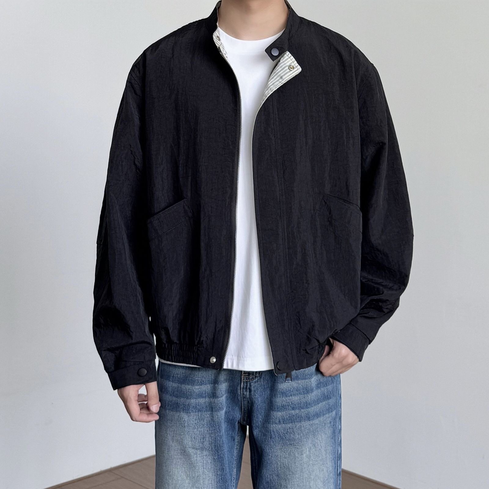 哈灵顿立领夹克男宽松情侣春秋季拼接格纹工装短款棒球服外套潮流