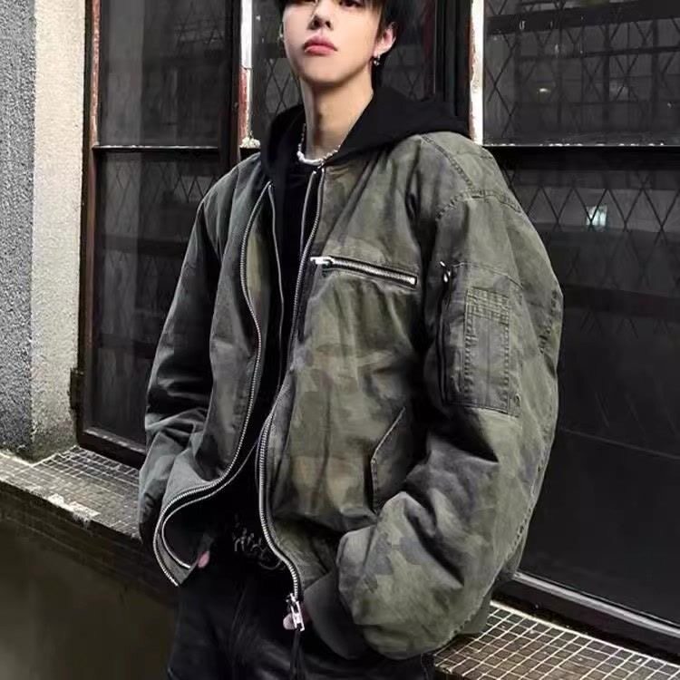 美式假两件迷彩棉衣外套男加厚保暖bomber短款棉袄飞行员棒球棉服
