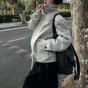 绑带羊毛花纱夹克cleanfit翻领毛呢棒球服外套男宽松潮流情侣短款