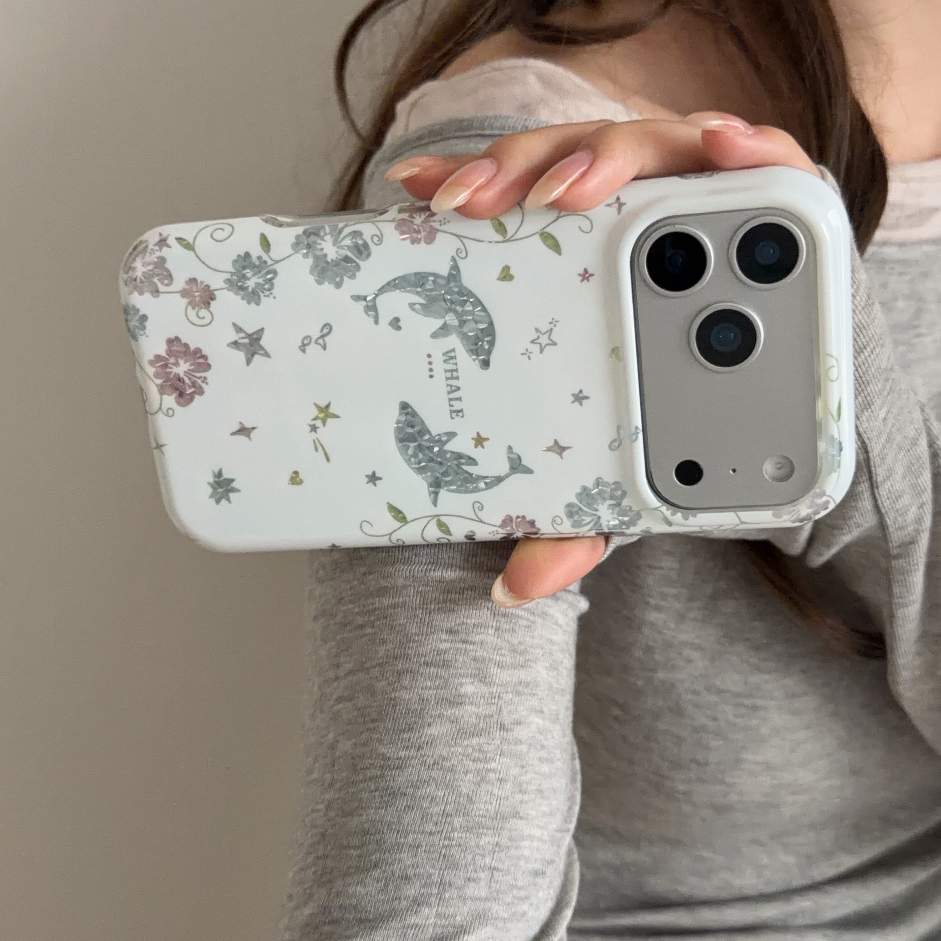 ins风高级感细闪银色钻石纹星星海豚适用苹果17ProMax手机壳iphone16Pro新款简约韩系15promax小众气质保护套