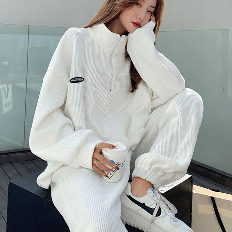 华夫格运动服套装女2023春秋学生韩版宽松时尚网红休闲跑步两件套