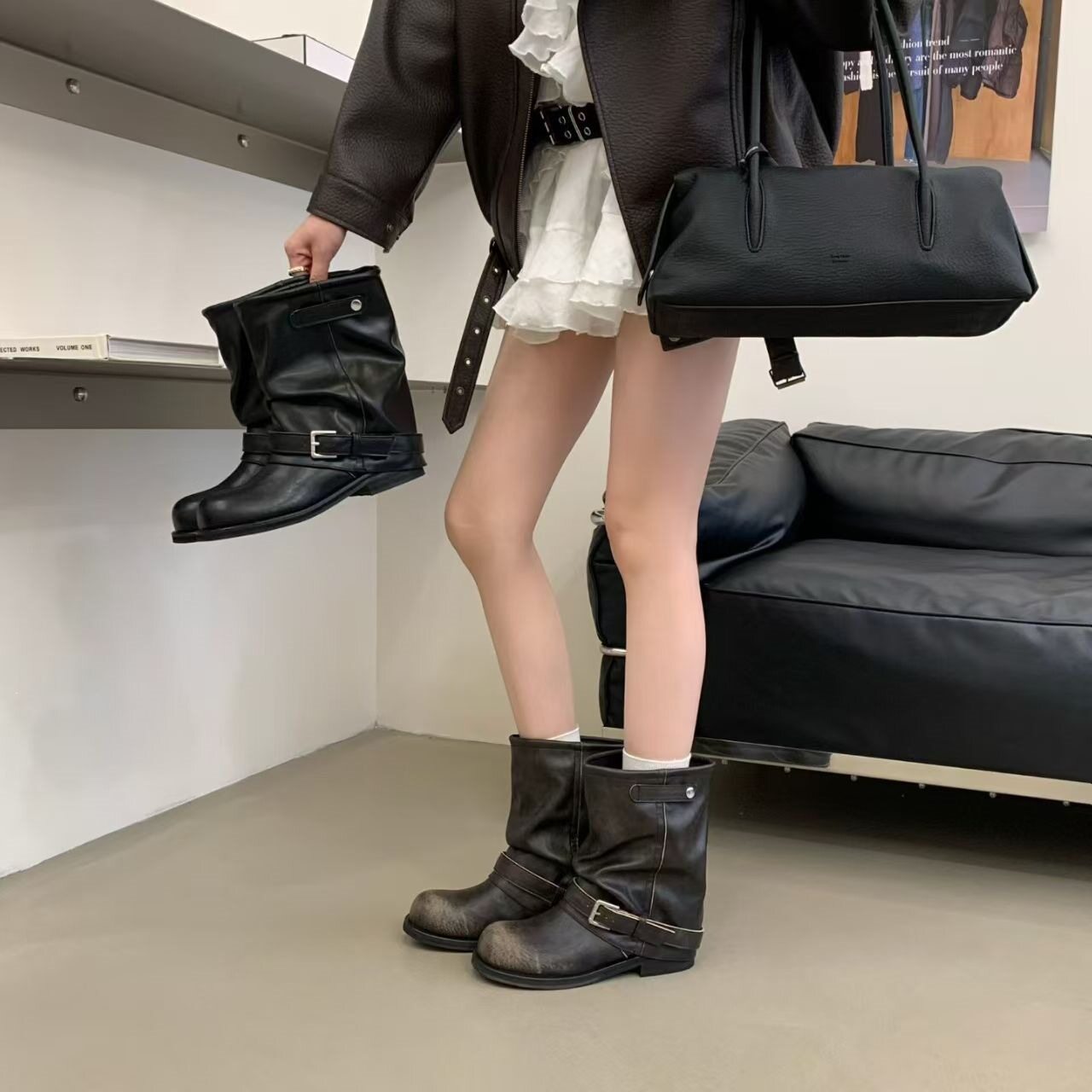 粗跟显瘦堆堆靴中筒骑士靴女靴子2026新款黑色马丁靴短靴春秋单靴