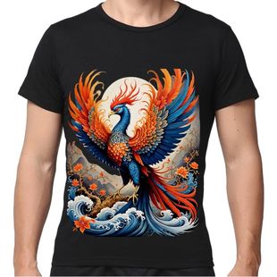 3D壁画凤凰国潮男子潮中式 个性 夏装 宽松大码 t恤 吸汗半袖 纯棉短袖