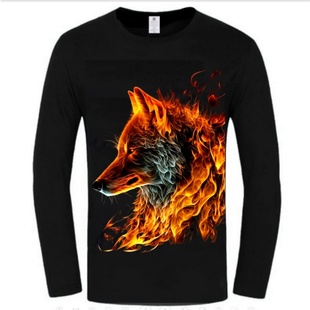 秋装3D个性火焰狼头潮牌新款宽松大码男士全棉休闲长袖T恤打底衫