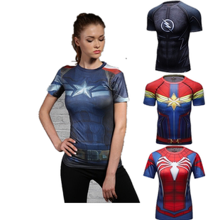 复仇者美队闪电侠情侣女士高弹修身塑身健身紧身衣个性潮短袖T恤