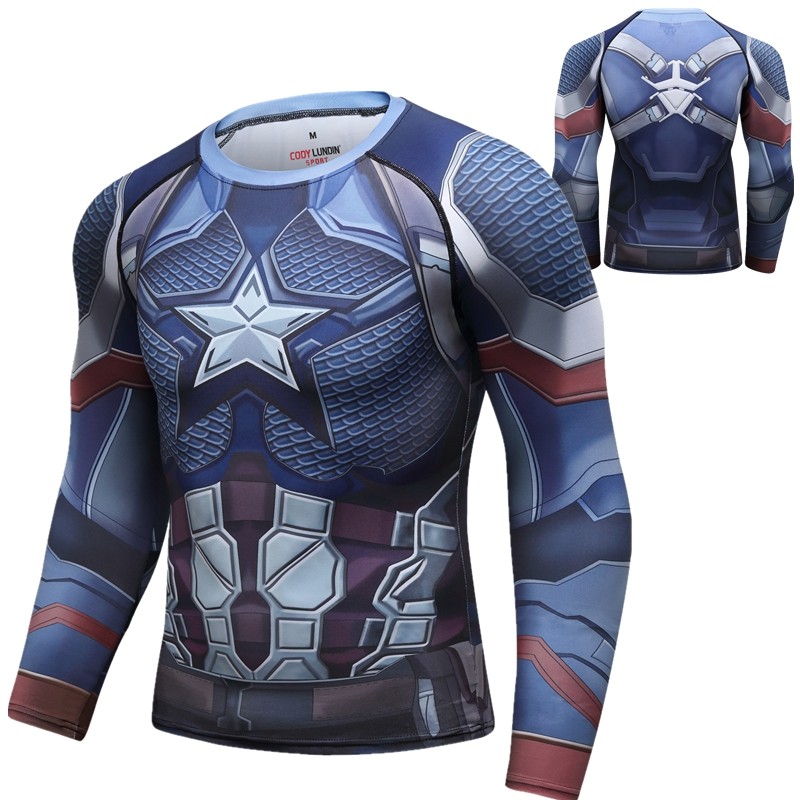 新款美队鱼鳞健身衣紧身衣男速干运动压缩衣运动长袖健身高弹上衣