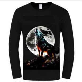 秋装3D个性望月狼头潮牌新款宽松大码男士全棉休闲长袖T恤打底衫