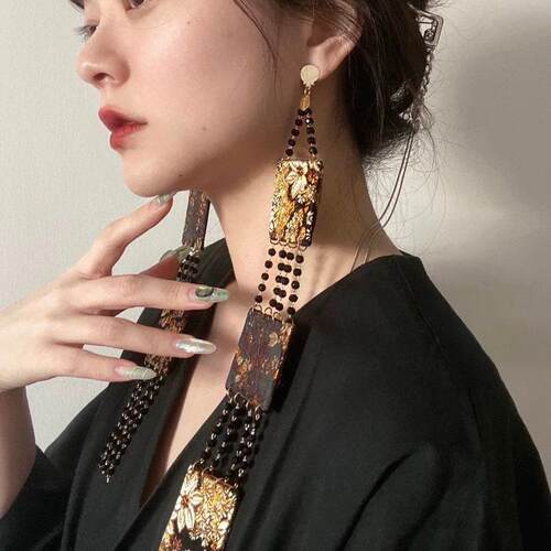 锦缎金银丝绸耳钉串珠帘链条流苏耳夹复古风汉服暗黑新中式耳环