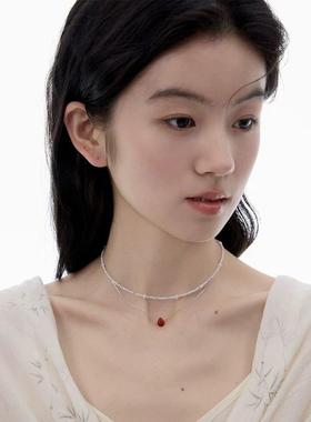 留白 红吊坠叠炼 原创设计白松石锁骨炼项炼