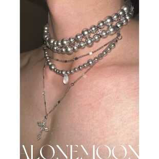 原创设计银珍珠钛钢项炼重工双层choker男女锁骨炼