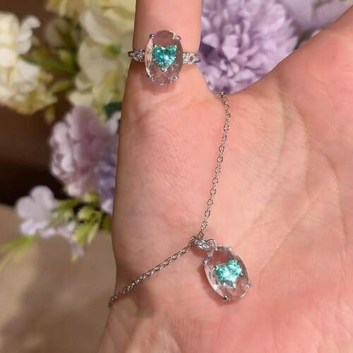 心湖荡漾 复古风蓝色爱心吊坠项链清冷感轻奢高级个性戒指饰品