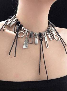 欧美好多拉链黑色项链朋克系列链头重工亚文化y2k锁骨链颈链女