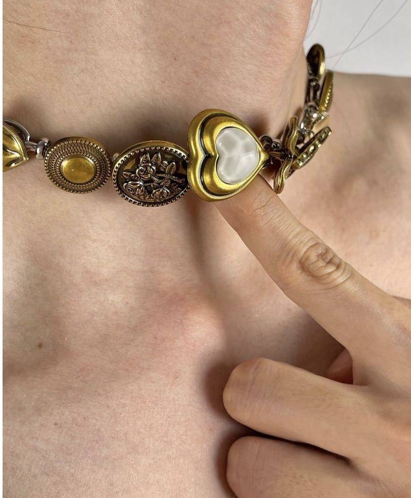中式朋克钛钢项链复古黄铜做旧vintage钮扣锁骨链
