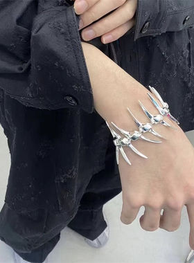 荆棘鱼骨角刺尖牙银色手链朋克嘻哈辣妹风骨骼情侣手环男女