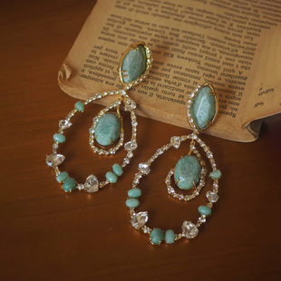 鬼才设计师重工天河石流苏耳环vintage中古耳夹新中式耳钉饰品