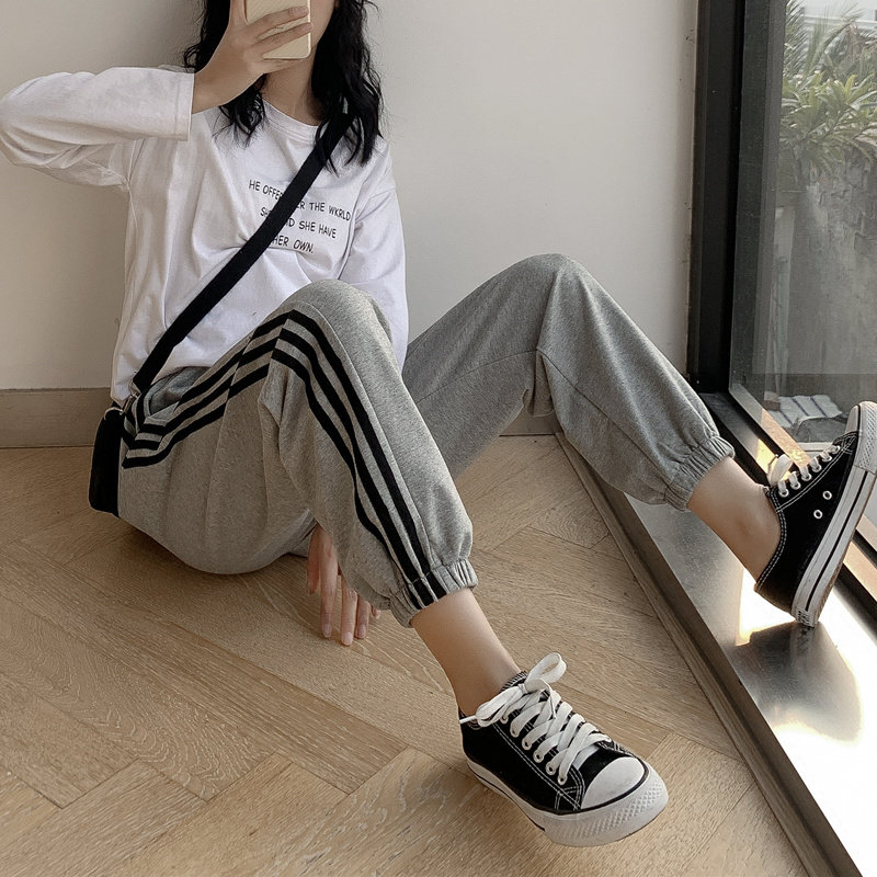 侧条纹运动裤女春季2020新款宽松束脚休闲裤子哈伦灰色卫裤显瘦潮