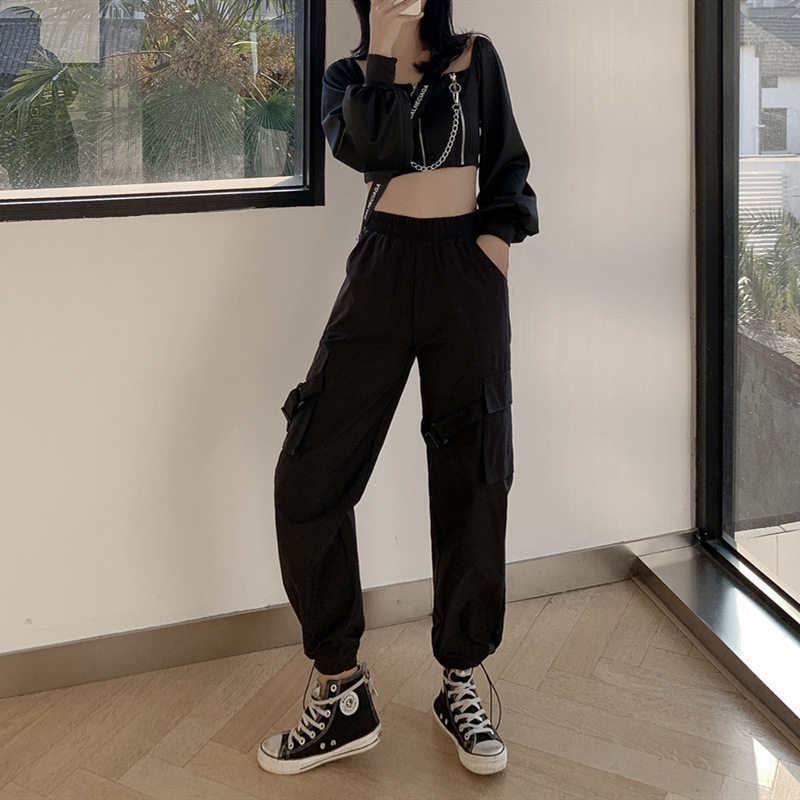 束脚工装裤女显瘦高腰春秋韩版潮流宽松直筒黑色百搭阔腿运动裤子