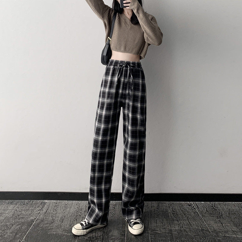 黑白格子裤女秋冬宽松直筒高腰垂感显瘦2020年新款休闲阔腿拖地裤