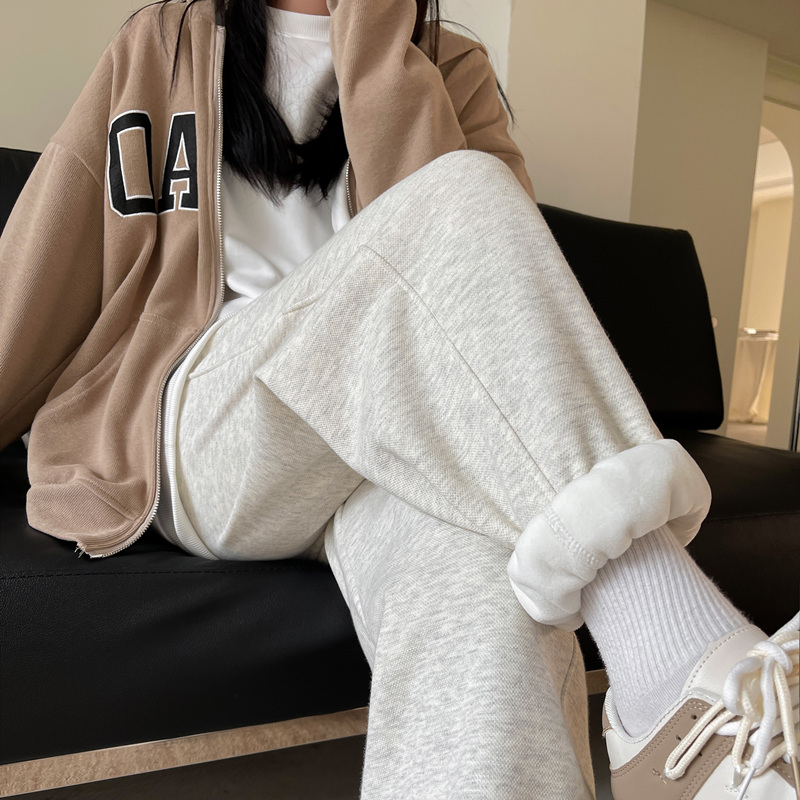 加绒运动裤女秋冬2021年新款时尚宽松束脚ins潮加厚灰色休闲卫裤