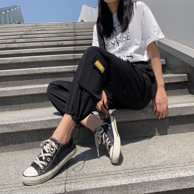 黑色工装裤女显瘦百搭宽松束脚九分夏季薄款休闲小个子高腰阔腿裤