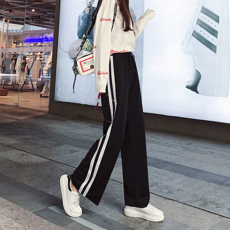 运动阔腿裤女高腰垂感春秋超火cec宽松百搭显瘦拖地直筒长裤子坠