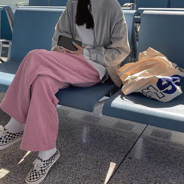 粉色灯芯绒裤子女秋冬季小个子2020年新款高腰垂感显瘦宽松阔腿裤