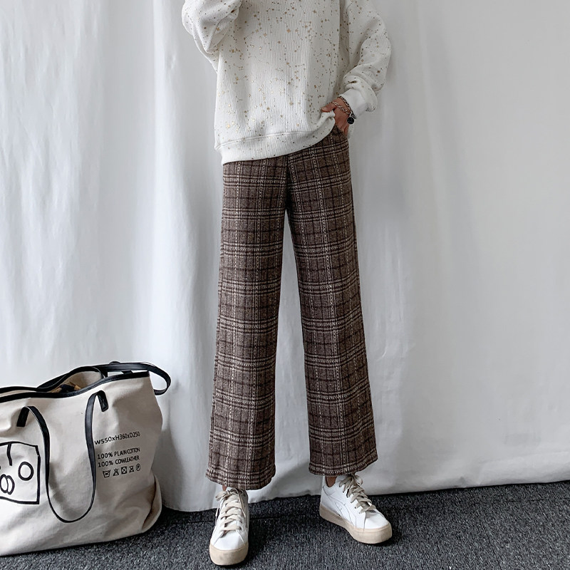 格子裤女秋季2020新款高腰垂感宽松直筒显瘦百搭卡其色休闲阔腿裤