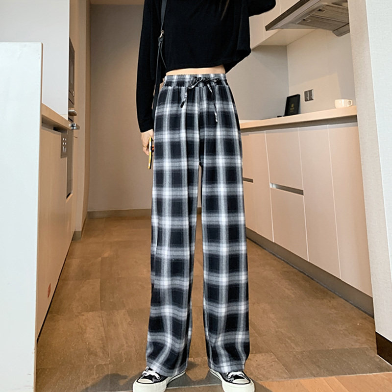 黑白格子裤女直筒2020秋季新款高腰显瘦百搭垂感休闲裤宽松阔腿裤