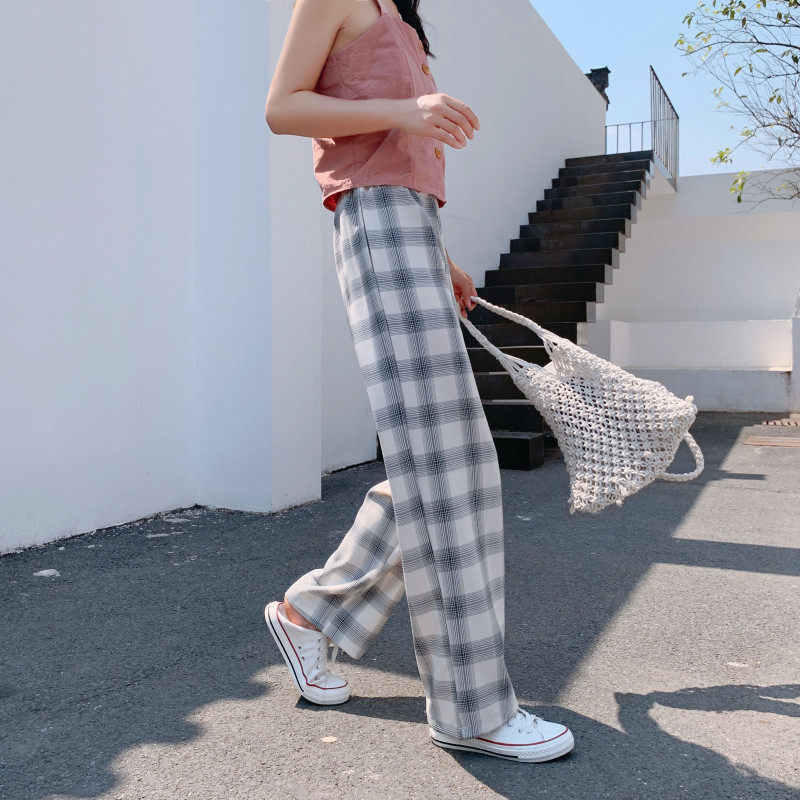 格子阔腿裤女高腰垂感夏季薄款拖地直筒长裤宽松春秋雪纺休闲裤子