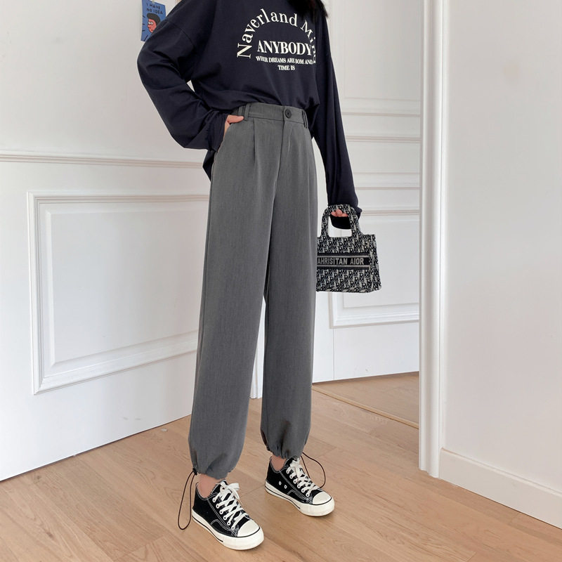 灰色西装裤女秋季2020新款束脚哈伦裤高腰垂感显瘦直筒宽松阔腿裤