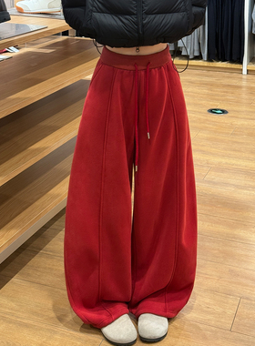 红色加绒休闲运动弯刀裤女秋冬2025新款镰刀裤高腰宽松显瘦阔腿裤