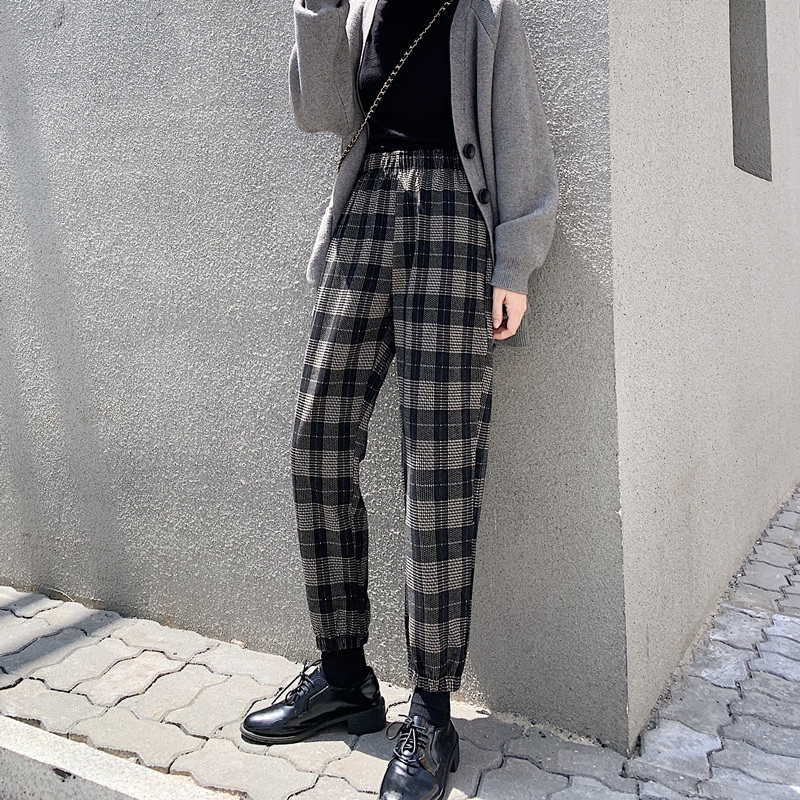 格子毛呢裤女秋冬季2020年新款学生哈伦萝卜裤高腰宽松显瘦休闲裤