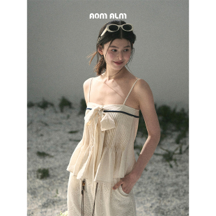 吊带T恤女夏蝴蝶结短款 %一字肩法式 上衣 柔风抚褶皱 AOMALM少也眼