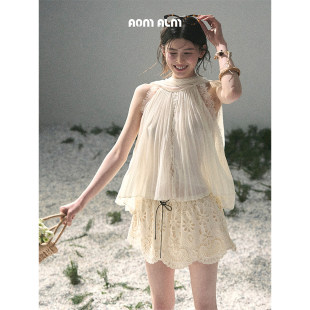 蕾丝雪纺衬衫 %高级感法式 女夏褶皱上衣 夏光透衣褶 AOMALM少也眼