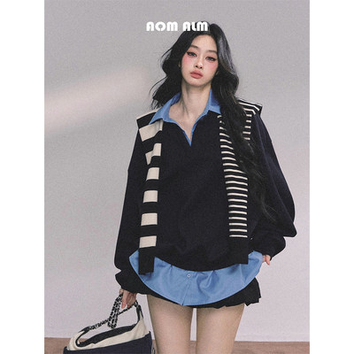 潮流学院风宽松翻领polo领卫衣