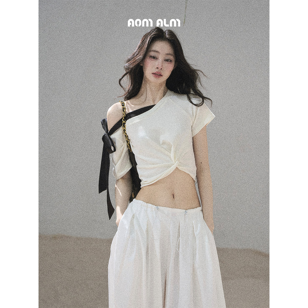 AOMALM少也眼"她身上的月光"韩系扭结短袖露肩T恤女夏季短款上衣