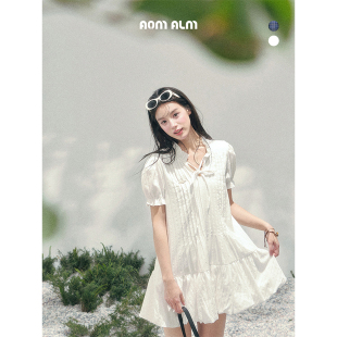 泡泡袖 %法式 连衣裙女春娃娃裙花苞短裙 素裙曳轻褶 AOMALM少也眼