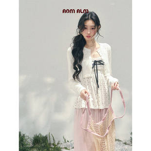 蕾丝T恤女春设计感上衣外套两件套 %法式 AOMALM少也眼 波点白兰地