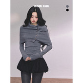 韩系长袖 AOMALM少也眼 南韩贵女 针织T恤女秋灰色上衣披肩两件套