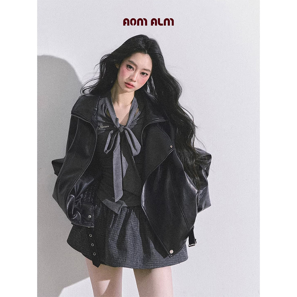 AOMALM少也眼"黑道千金"%美式酷飒风机车pu皮衣外套女秋夹克上衣