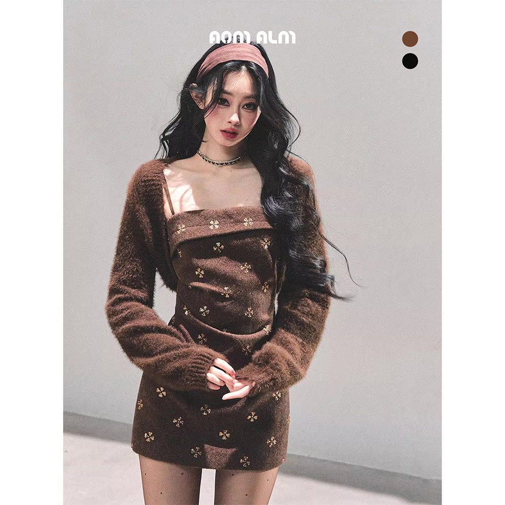 AOMALM少也眼"海棠花未眠"%法式吊带羊毛连衣裙女冬季包臀裙短裙