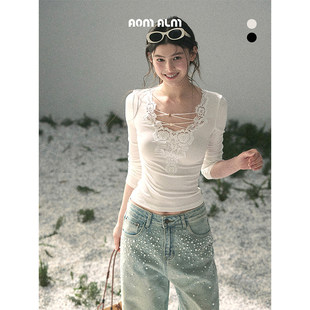 V领蕾丝T恤女早春收腰短款 %正肩长袖 上衣 蕾丝栖夏 AOMALM少也眼